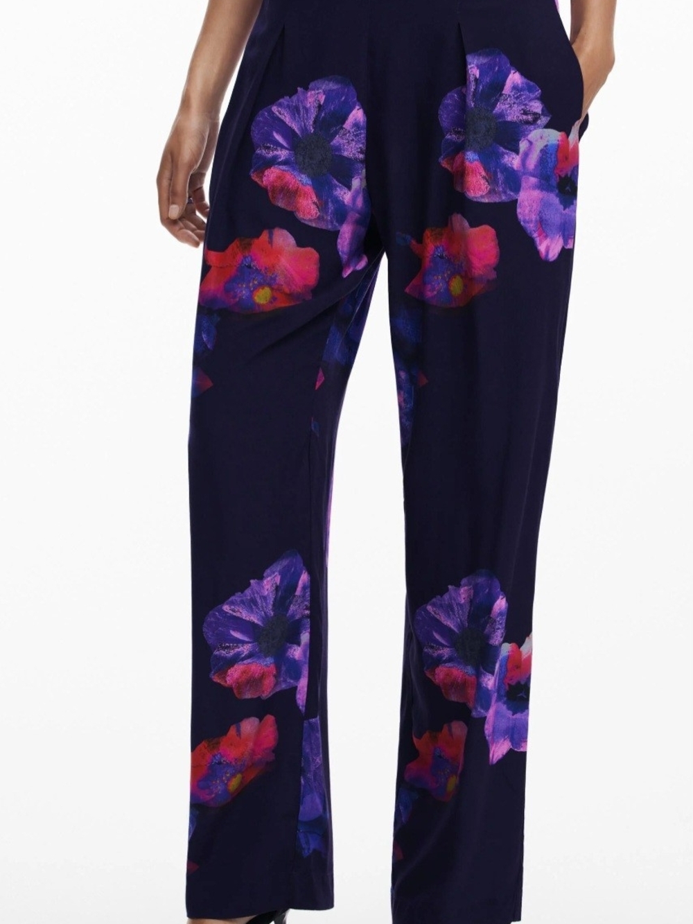 Desigual Navy Wide-Leg Pants with Purple & Pink Floral Print